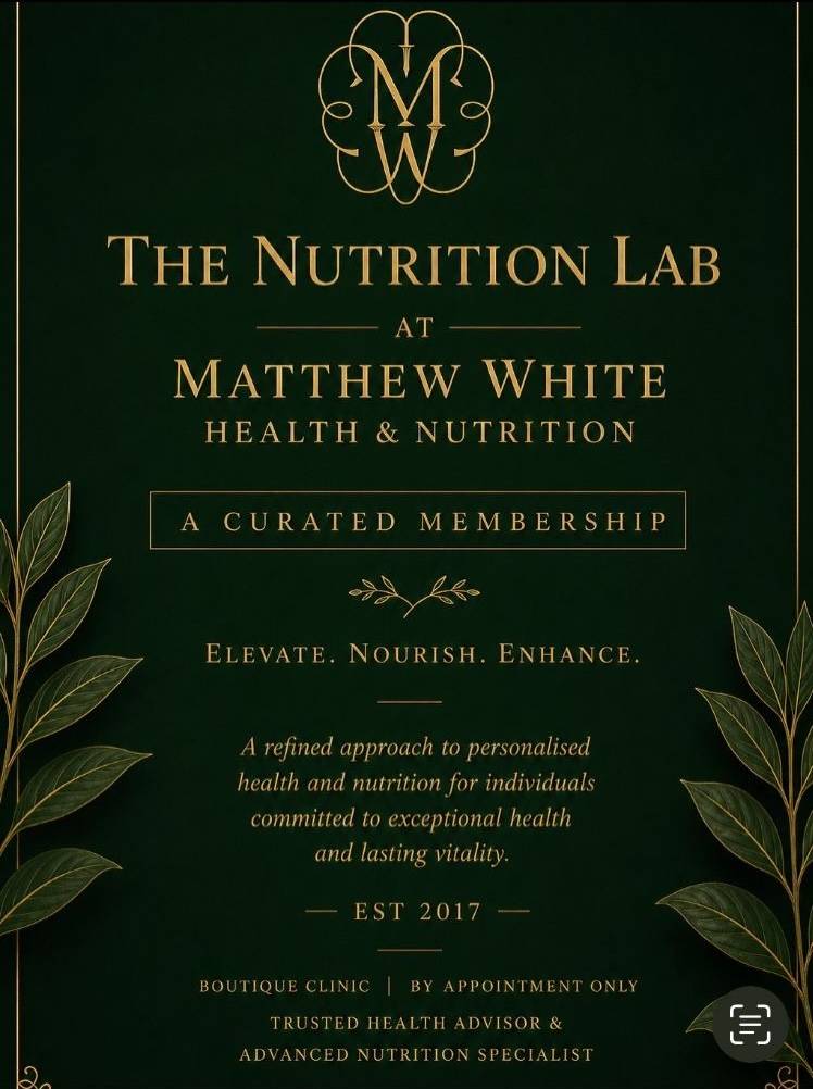 Promotional graphic for The Nutrition Lab at Matthew White Health & Nutrition, featuring an elegant gold-on-dark-green design with botanical illustrations. The advertisement promotes a curated membership offering personalised health and nutrition support, with the tagline "Elevate. Nourish. Enhance.